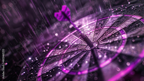 Rainy Bullseye: Darts Thrown into the Rain Amid Purple Light and Cinematic Raindrops