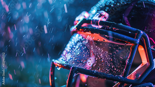 Protective Pursuit: Hockey Helmet in the Rain Amid Purple Light and Cinematic Raindrops
