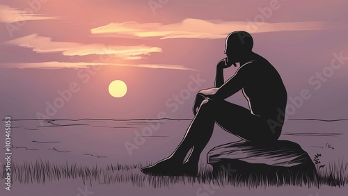 the silhouette of a solitary man seated in quiet contemplation, his posture relaxed and thoughtful against a serene landscape