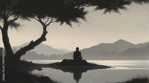 the silhouette of a solitary man seated in quiet contemplation, his posture relaxed and thoughtful against a serene landscape