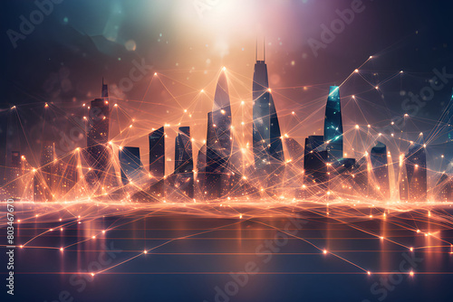 Smart city and abstract polygon pattern connection with speed line light, big data connection technology concept - generative ai 