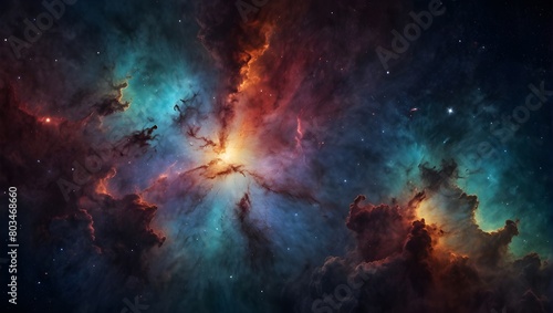 Nebula with vibrant space galaxy cloud. Starry, night sky. Astronomy and universe science. Wallpaper with a supernova background