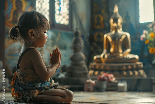 A young girl is sitting on the floor and praying