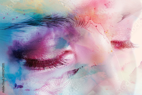An HD image capturing abstract makeup with a watercolor-like effect and soft pastel shades.
