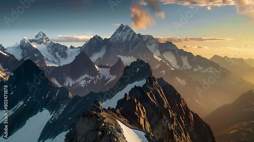 Sunset over a rugged mountain range with sharp peaks and snow-covered slopes, casting a warm golden light over the landscape.