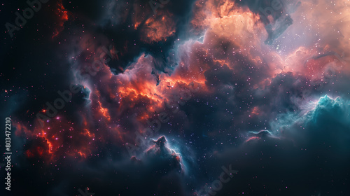 A colorful space scene with a purple cloud in the middle