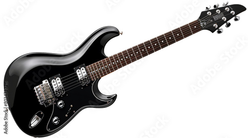 A sleek black electric guitar with chrome detailing on a transparent background. PNG format, This PNG file, with an isolated cutout object on a transparent background. 