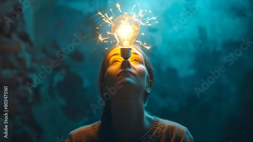A person with a lightbulb above their head, having an epiphany