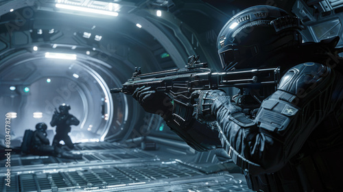 Futuristic soldier holds weapon inside dark spaceship or space base, military shoots from machine gun in alien spacecraft. Theme of uniform, future, warfare and war