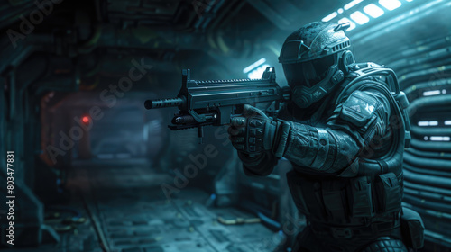 Futuristic soldier in mask holds weapon inside dark spaceship or space base, military man points machine gun in alien spacecraft. Theme of future, warfare and war