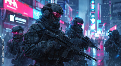 Futuristic soldiers or police in masks holding guns on neon city street at night, military team on modern buildings background. Theme of cyber future, uniform, cyberpunk