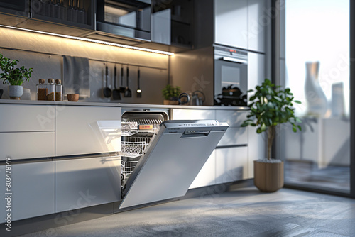 A slightly opened dishwasher in a modern kitchen, interior design