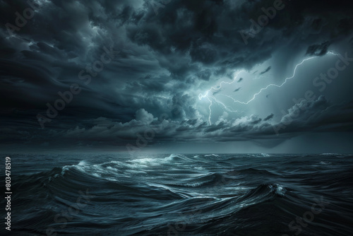 An image depicting a dramatic thunderstorm approaching over the sea, emphasizing the dark clouds, lightning strikes, and the turbulent waters - Generative AI