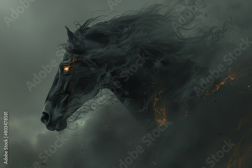 An image depicting a black horse in a context that highlights its significance in mythology or folklore, possibly as a mount for a dark knight or a creature with magical abilities - Generative AI