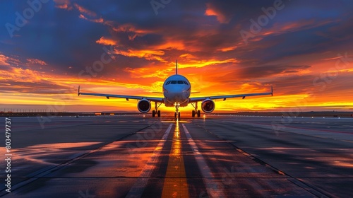 A commercial airplane positioned on a runway during a vibrant sunset.