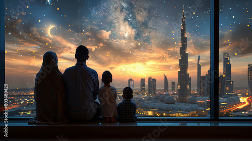Family Celebrating Ramadan Kareem, Enjoying Iftar Views from High-Rise