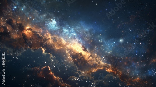 A close-up, dramatic view of cosmic clouds and stars forming the shape and colors of a distant galaxy