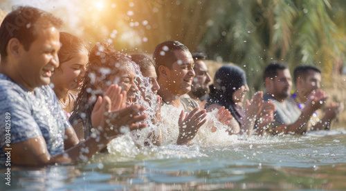 People being baptized in Jordan River in Israel in Baptist ceremony