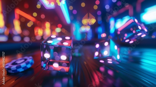 Eye-catching transparent dice reflecting neon lights and colors, illustrating nightlife and gaming excitement
