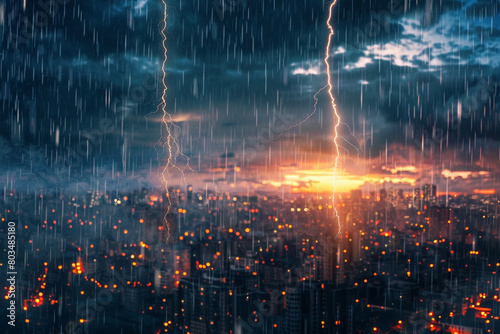 Lightning illuminating a city skyline, with rain pouring down during a storm.