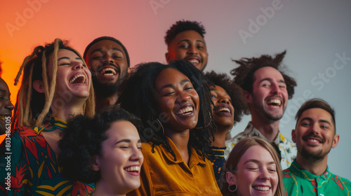 A waist-length perspective photograph capturing a diverse group of people smiling brightly against a plain background, their faces illuminated by natural light, showcasing the beau