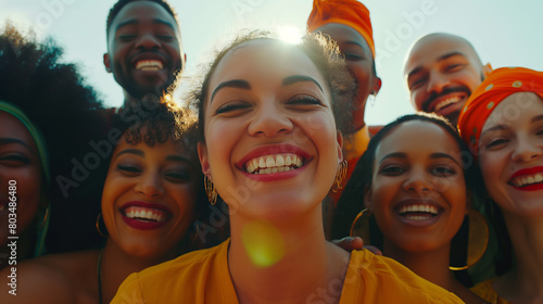 A waist-length perspective photograph capturing a diverse group of people smiling brightly against a plain background, their faces illuminated by natural light, showcasing the beau