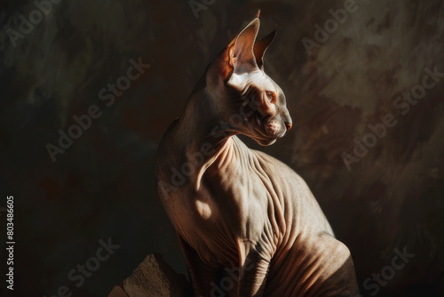 An image showcasing the unique and elegant posture of a Sphinx cat, emphasizing its hairless skin, muscular body, and striking eyes - Generative AI
