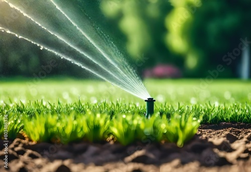 Garden irrigation system lawn. Automatic lawn sprinkler watering green grass.