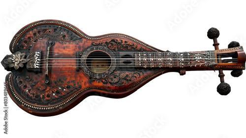 An Indian sitar with intricate inlays on a transparent background. PNG format, This PNG file, with an isolated cutout object on a transparent background. 