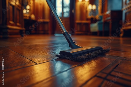 Cleaning service concept. Cleaning the floor with a mop. Close-up of a broom on a wet surface