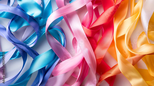 Multicolored narrow satin ribbons spread out in a chaotic manner on a white background. Abstract rainbow background. Horizontal photo.