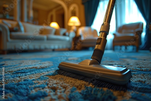 Vacuum cleaner cleaning carpet in living room, close up view