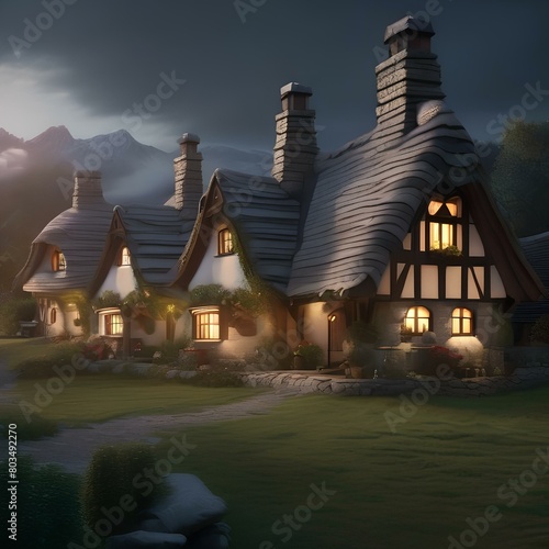 Group of fairy-tale cottages with smoke curling from chimneys3