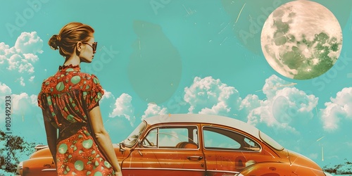 Woman with vintage car on the beach. Contemporary art collage. Summer vacation and road trip concept. Retro aesthetics, vintage. Design for poster, print, wallpaper