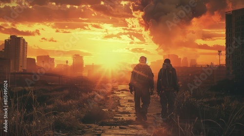 two men head towards the sun, a dystopian environment, Rich owens style clothes,hyperrealistic reality