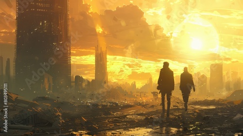 two men head towards the sun, a dystopian environment, Rich owens style clothes,hyperrealistic reality