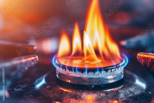 Modern kitchen stove cook. Gas flame close up on the gas stove.