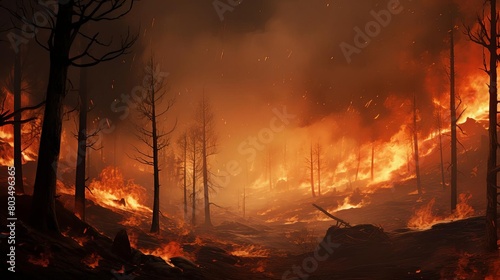 A forest fire is raging through a wooded area, with trees