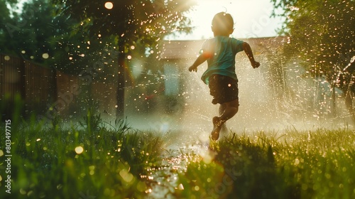 A child running through a sprinkler in the backyard, squealing with delight as water sprays everywhere.
