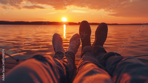 A couple sitting together on a dock, feet dangling over the water as they watch the sunset with smiles of contentment.