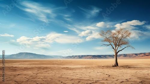 A lone tree stands in a barren desert landscape