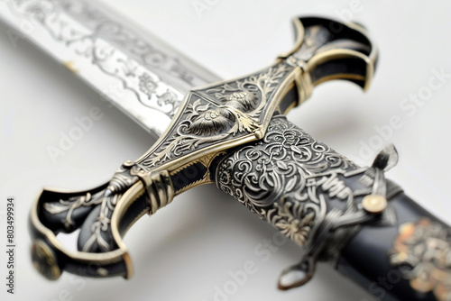 Elaborate hilt and crossguard of a sword, captured in stunning detail against a white backdrop.