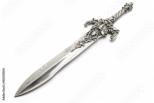 Elegant and regal battle dagger with a silver filigree hilt isolated on solid white background.