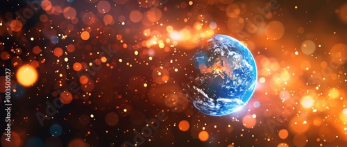 World globe with bokeh effect and dark background. View on planet earth from space.