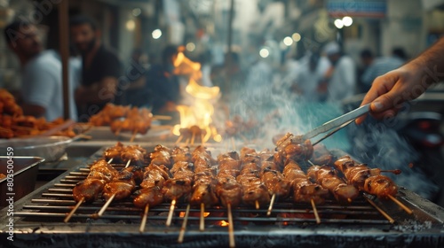 A street vendor grilling skewers of meat over an open flame, the aroma drawing in hungry passersby from blocks away.