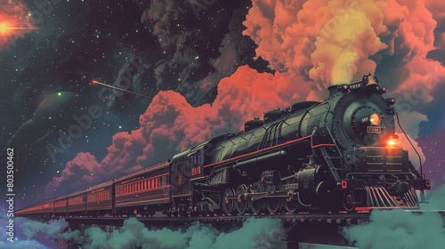 vintage steam train, smoke bellowing from the top, space background, simple risograph, joe webbvintage steam train, smoke bellowing from the top, space background, simple risograph, joe webb