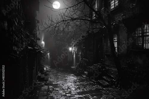 Scorpio in a dark alley, noir style, high contrast moonlight, mysterious atmosphere