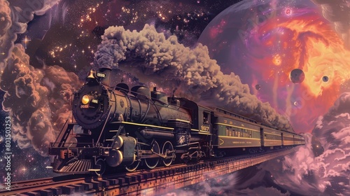 vintage steam train, smoke bellowing from the top, space background, simple risograph, joe webb