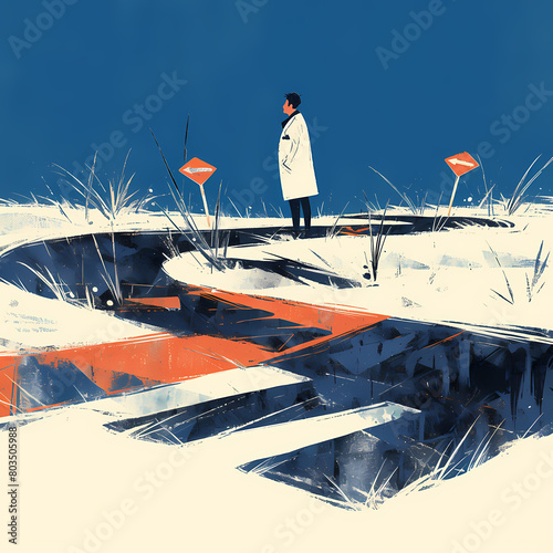 In this evocative illustration, a traveler stands at the crossroads, facing multiple forks in the road. The path ahead is obscured by uncertainty, symbolizing the challenges we all face when