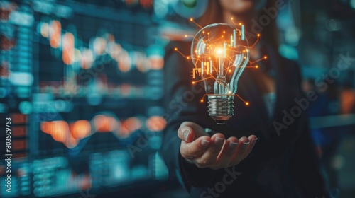 Strategy business plan ideas for investment and business growth. glowing light bulb with futuristic graphic icon.